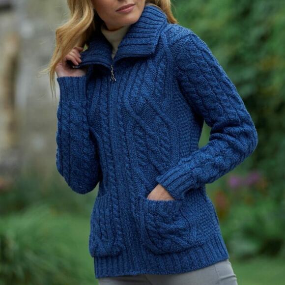 Aran Crafts Cardigan Sz Sm Merino Wool Full Zip Cable Double Collar Knit Cozy - Picture 2 of 11